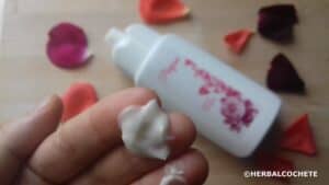 white emulsion -a body lotion made with rose petals infused water, vegetable oils and rose scent